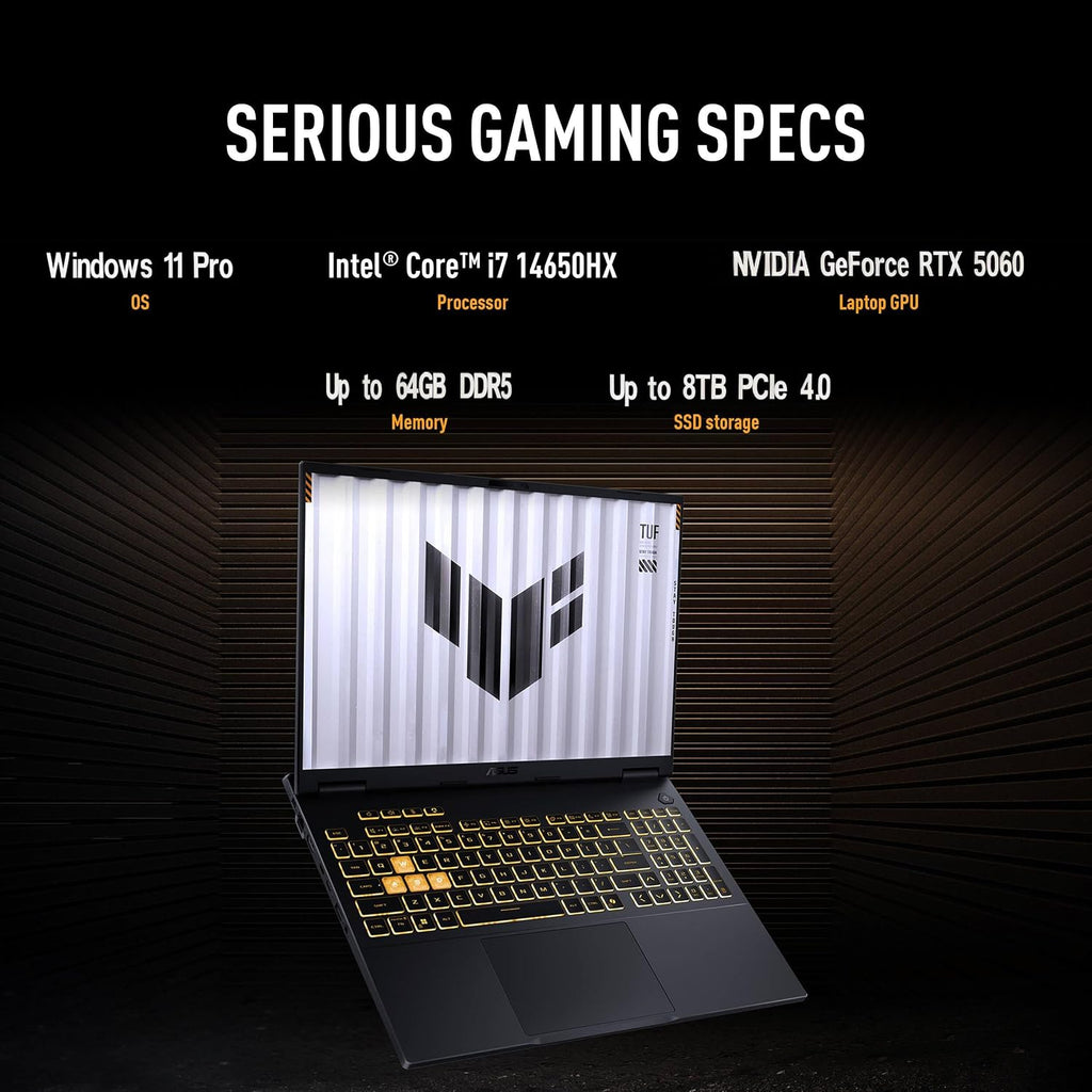 ASUS TUF Gaming F16 Laptop, NVIDIA RTX 5060, Intel i7-14650HX(Up to 5.2GHz), 16' FHD+ 165Hz LCD Anti-Glare Display, WiFi 6E, Fast Charge, 32 GB DDR5, 1 TB SSD, Windows 11 Pro, Accessories
