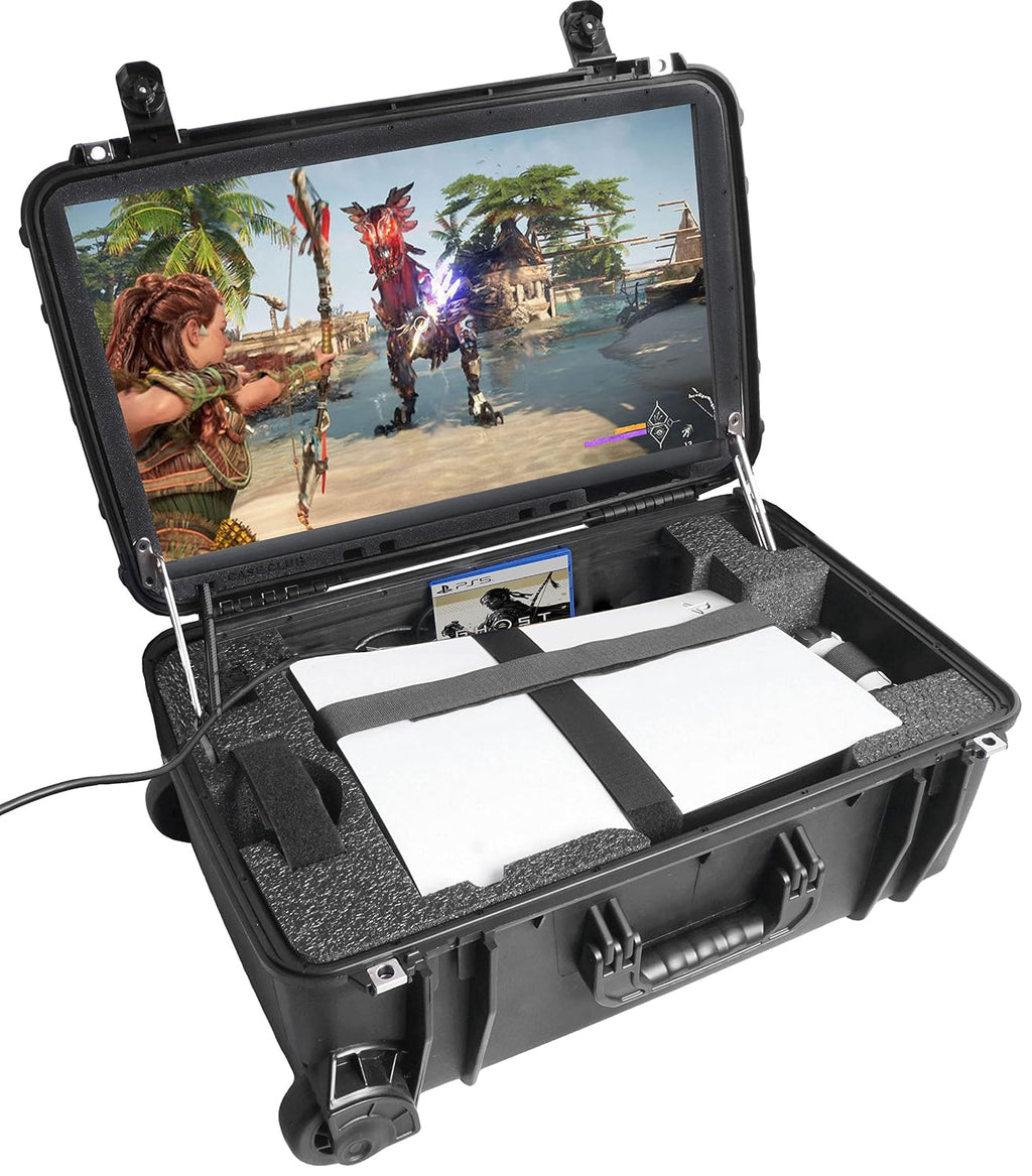 Case Club Gaming Station Fits PS5. Comes with Built-in 24' 1080p Monitor. Fits PlayStation 5 (Gen 1 Disc, Digital, or Slim), Controllers, Games, and More. 1MS / 144 Hz