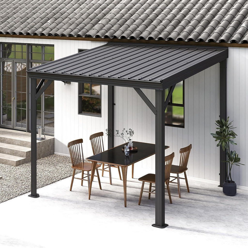 Domi 8'x8' Lean-to Gazebo, Hardtop Wall-Mounted Gazebo Pergola with Sloping Galvanized Steel Roof and Upgraded Drainage System, Outdoor Permanent Metal Shelters for Patio Backyard Deck, Grey