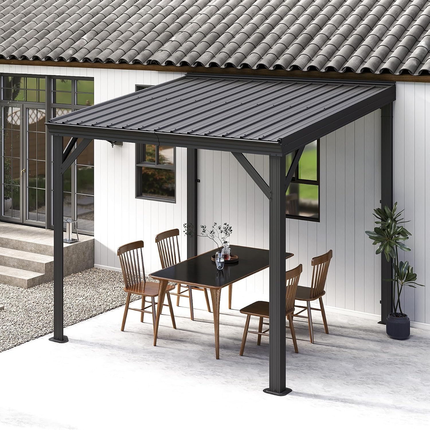 Domi 8'x8' Lean-to Gazebo, Hardtop Wall-Mounted Gazebo Pergola with Sloping Galvanized Steel Roof and Upgraded Drainage System, Outdoor Permanent Metal Shelters for Patio Backyard Deck, Grey