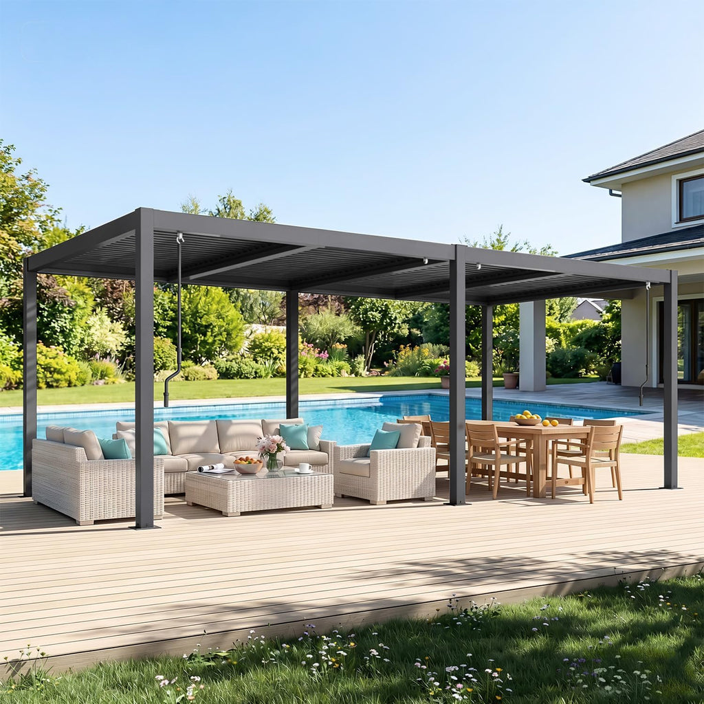 MELLCOM Pergola Louvered 10x20,Metal Hardtop Pergola with Adjustable Roof for Sun & Rain Shade, Outdoor Gazebo with Integrated Drainage System, Modern Rustproof Patio Canopy Carport