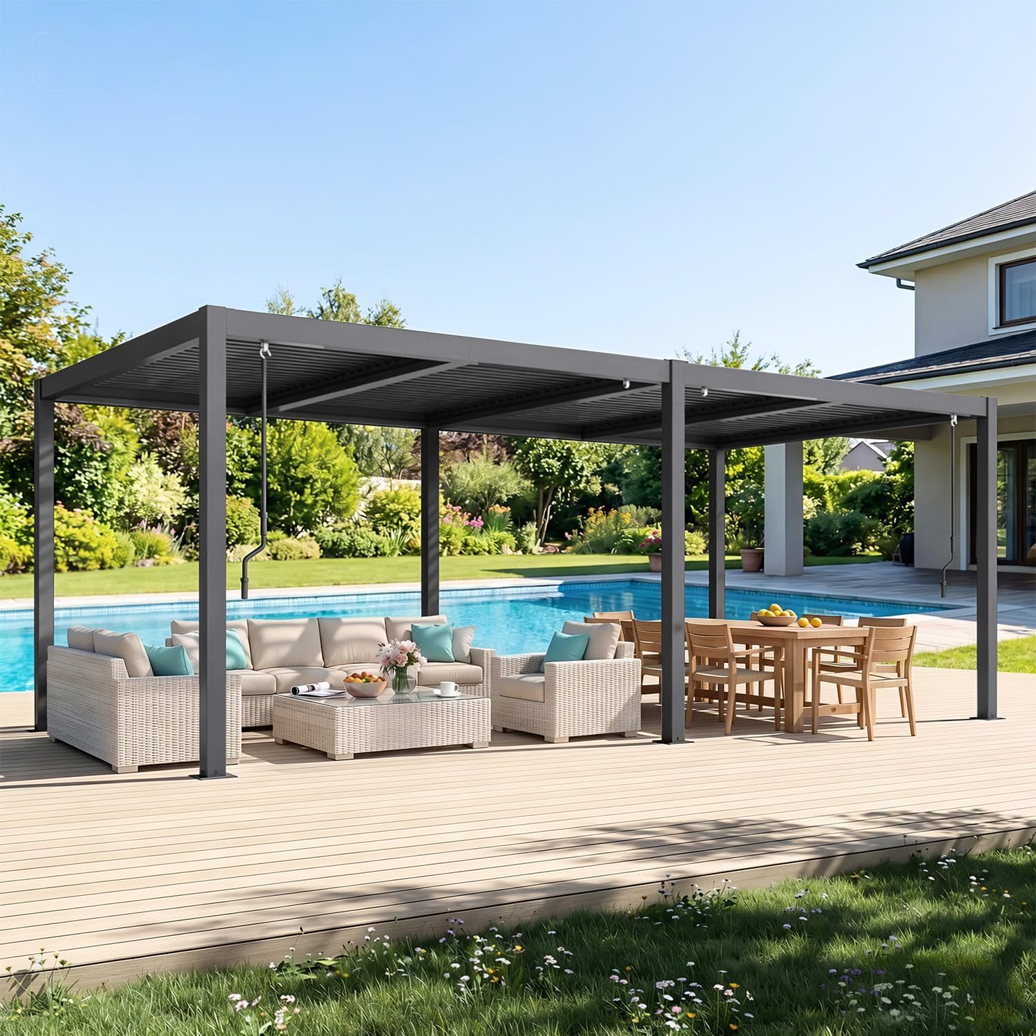MELLCOM Pergola Louvered 10x20,Metal Hardtop Pergola with Adjustable Roof for Sun & Rain Shade, Outdoor Gazebo with Integrated Drainage System, Modern Rustproof Patio Canopy Carport