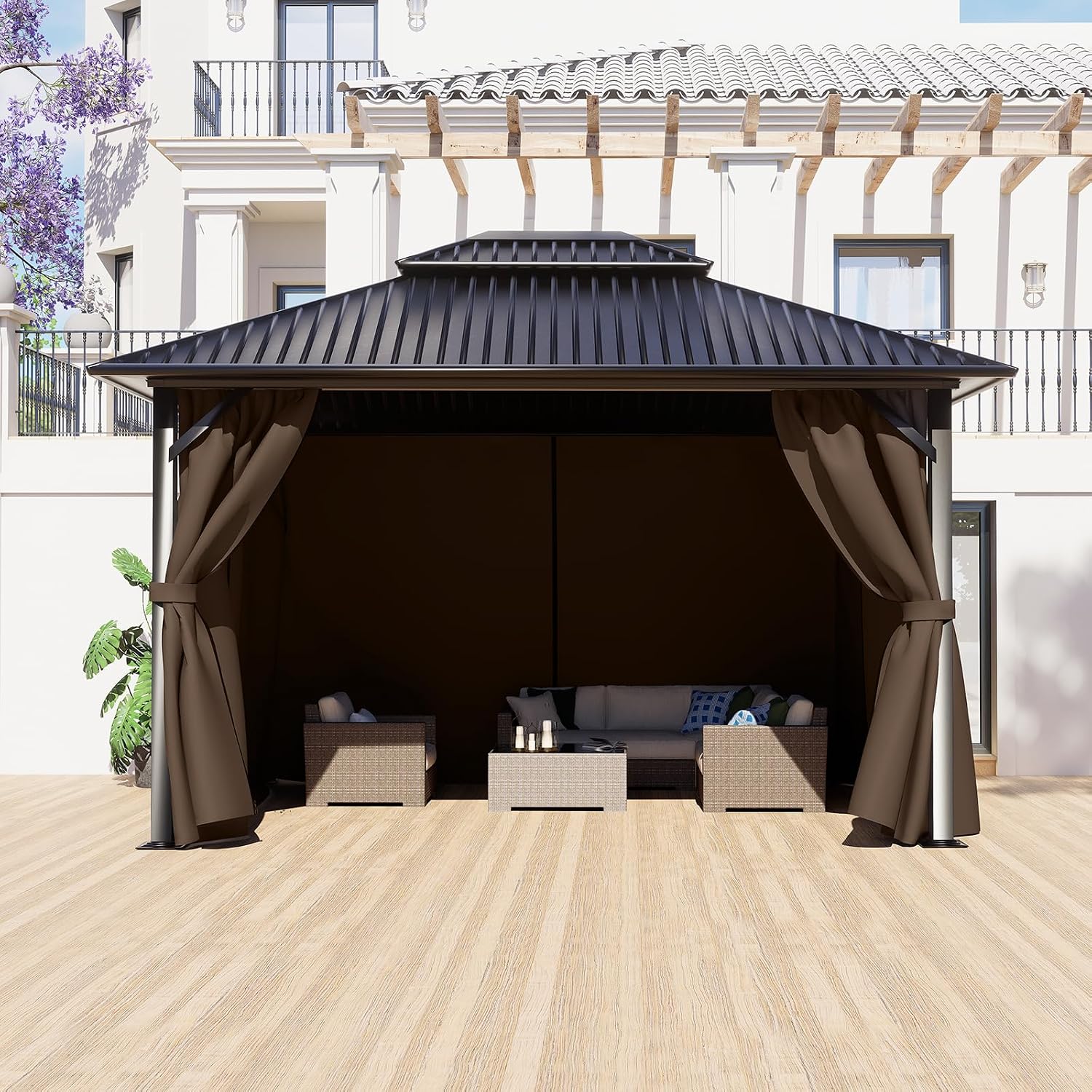 BPS 12' x 16' Gazebo Privacy Curtains with Double Zipper, 4-Panels Side Wall Universal Gazebo Side Panels Replacement for Patio, Outdoor Canopy, Garden and Backyard (Curtain Only)