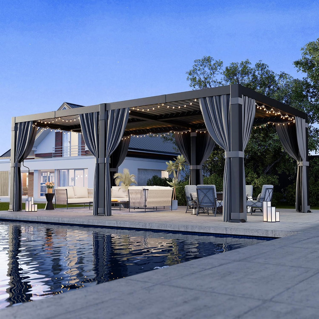 Airwire 12'x20' Louvered Pergola, Outdoor Pergola with 2 Independent Adjustable Roof and Drainage System, Aluminum Pavilion with Curtains & Netting, Hardtop Gazebo for Patio, Deck, Garden, Gray