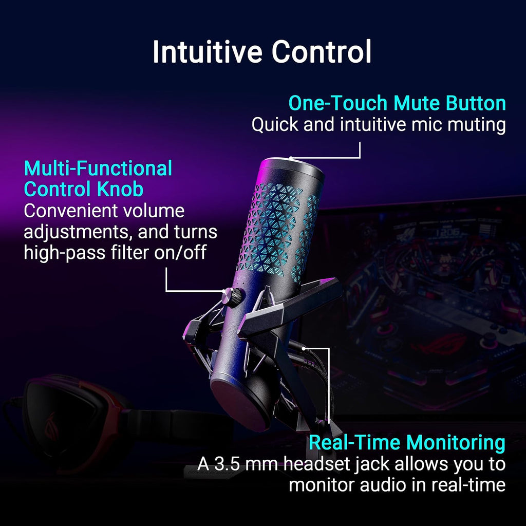 ASUS ROG Carnyx USB Gaming Microphone (25mm Condenser Capsule, 192kHz/24-bit, Cardioid, high-Pass Filter, Built-in pop Filter, Metal Shock Mount, one-Touch Mute, USB, Aura Sync RGB)- Black