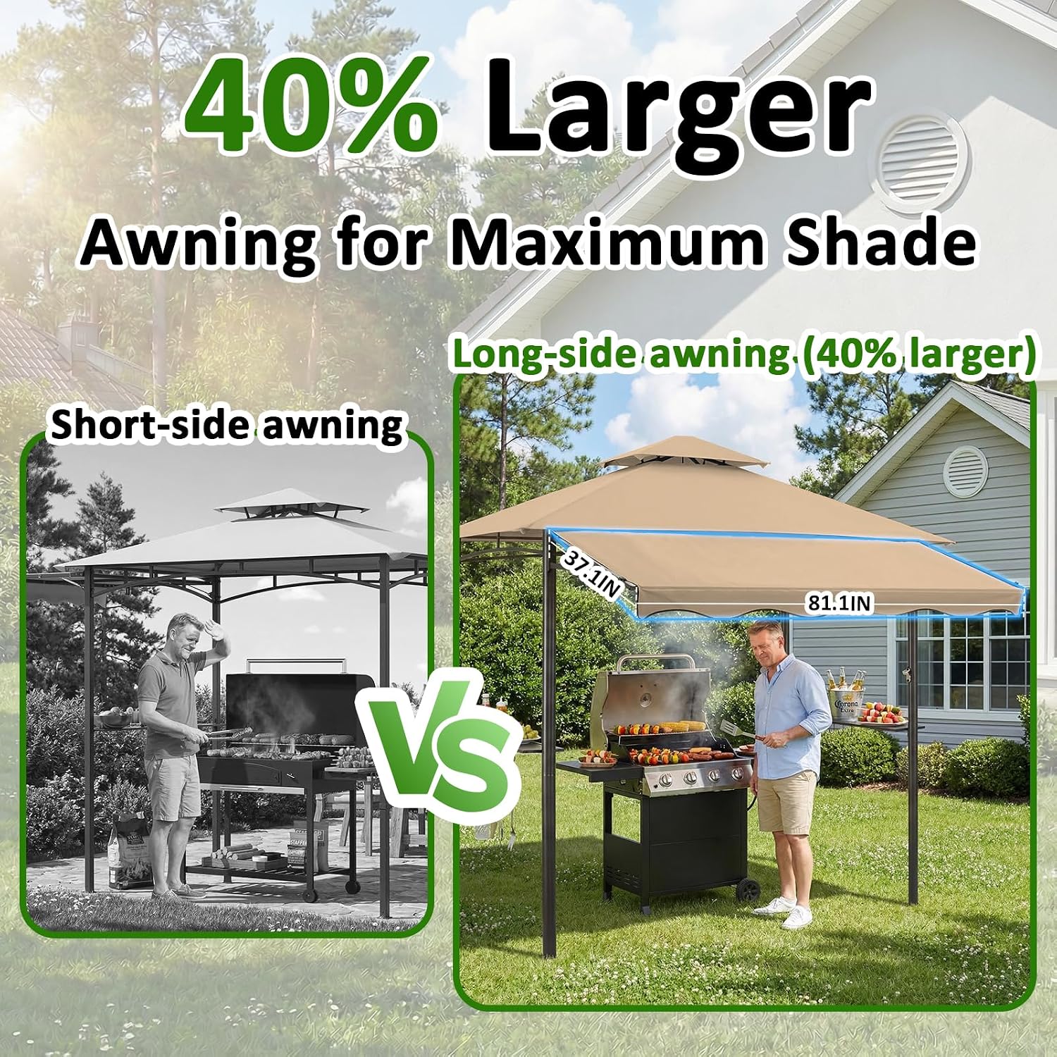CHARMELEON 8x8 FT Grill Gazebo, Grill Canopy with Big Awning&2 Side Shelves&6 Hooks&Bottle Opener, Powder-Coated Steel BBQ Shelter for Patio Backyard Outdoor Grilling-Khaki