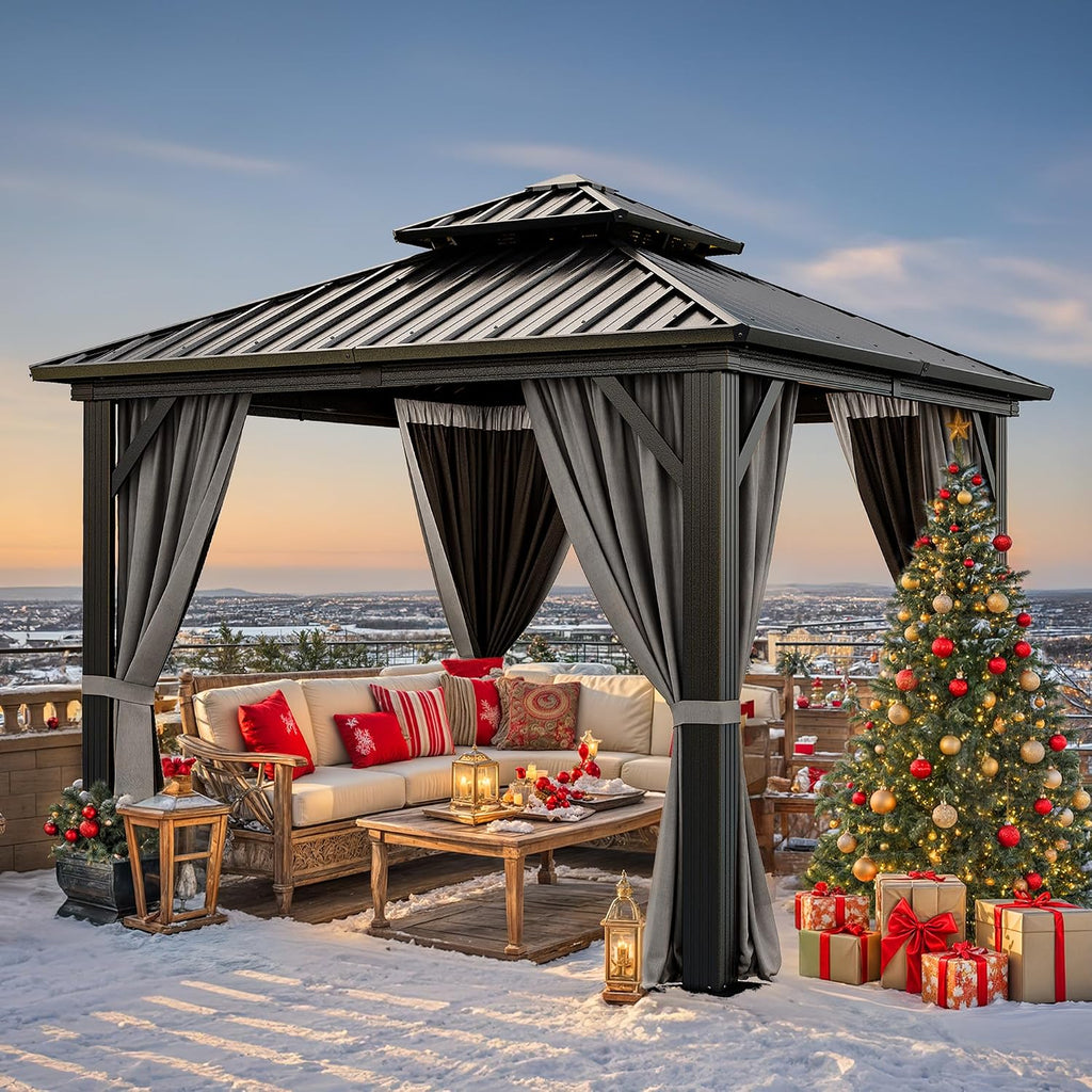 YITAHOME 10x10ft Hardtop Gazebo with Nettings and Curtains, Heavy Duty Double Roof Galvanized Steel Outdoor Combined of Vertical Stripes Roof for Patio, Backyard, Deck, Lawns, Gray