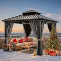 YITAHOME 10x10ft Hardtop Gazebo with Nettings and Curtains, Heavy Duty Double Roof Galvanized Steel Outdoor Combined of Vertical Stripes Roof for Patio, Backyard, Deck, Lawns, Gray