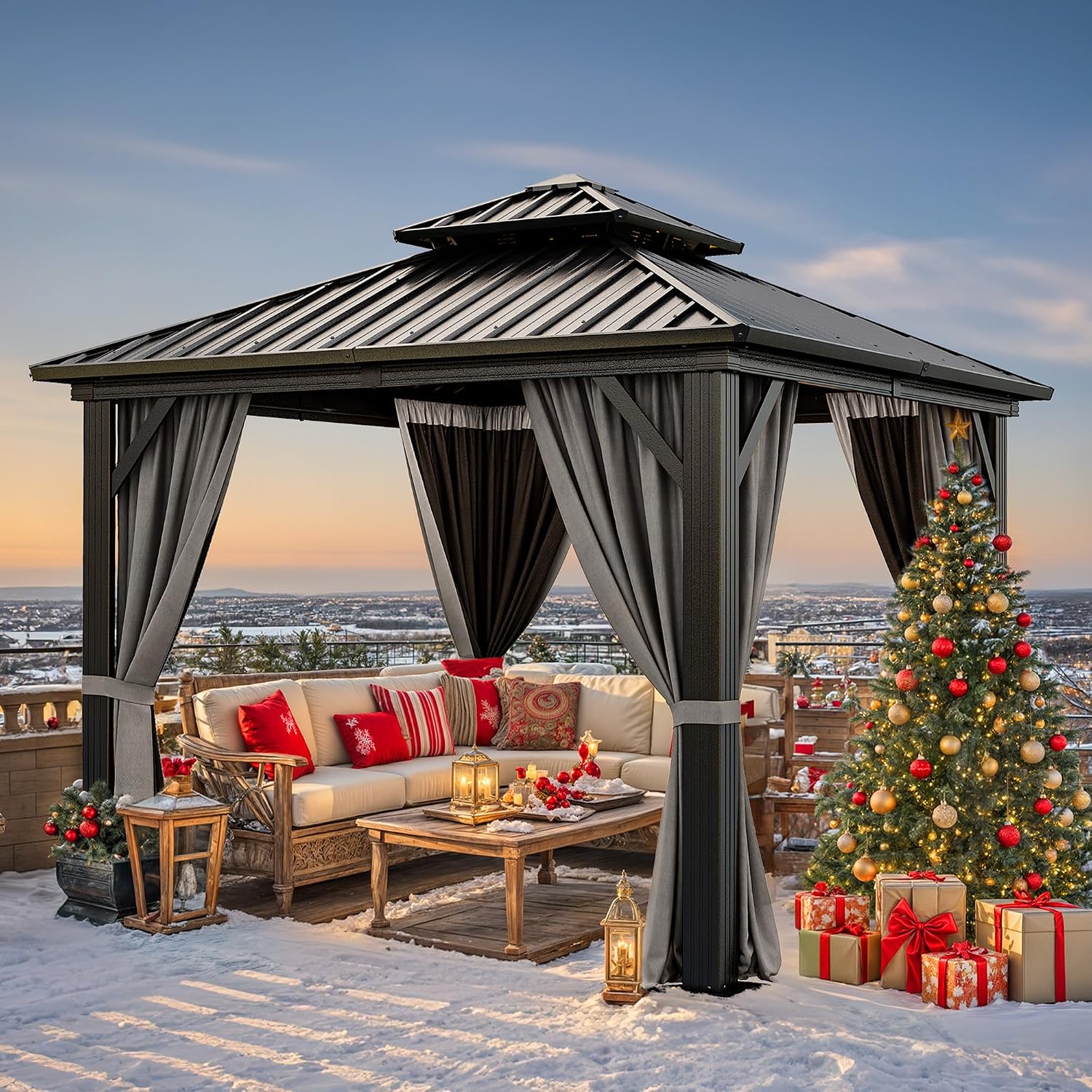YITAHOME 10x10ft Hardtop Gazebo with Nettings and Curtains, Heavy Duty Double Roof Galvanized Steel Outdoor Combined of Vertical Stripes Roof for Patio, Backyard, Deck, Lawns, Gray