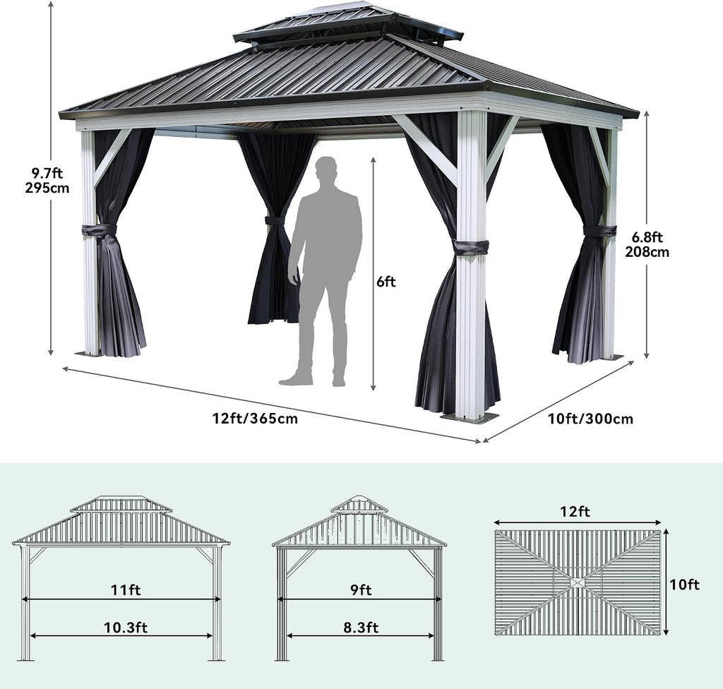 YITAHOME White Gazebo 10x12ft Hardtop Double Roof Canopy Galvanized Iron Aluminum Frame Outdoor Gazebo with Netting and Shaded Curtains Garden Tent for Patio, Backyard, Deck and Lawns, Grey Curtain