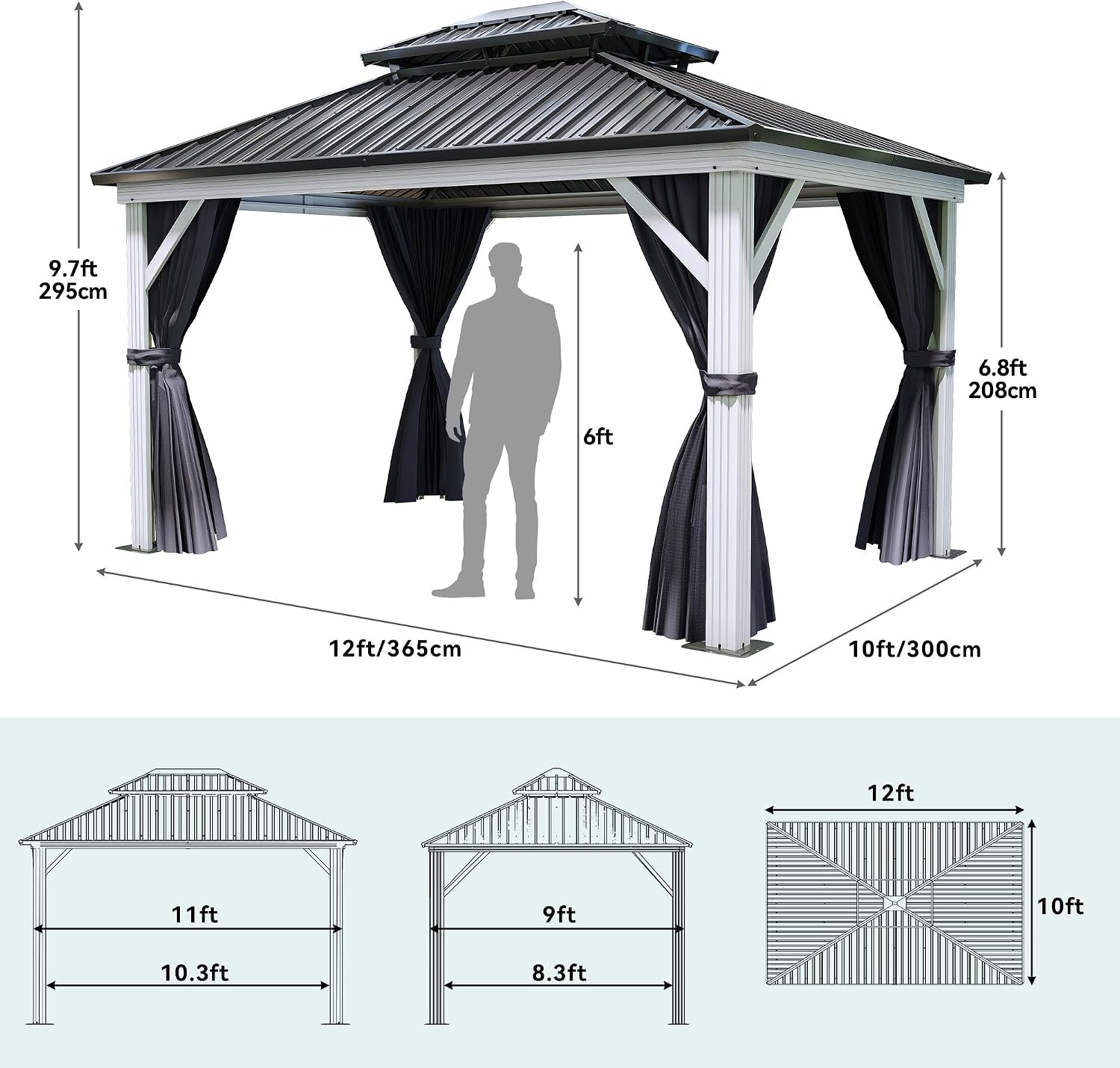 YITAHOME White Gazebo 10x12ft Hardtop Double Roof Canopy Galvanized Iron Aluminum Frame Outdoor Gazebo with Netting and Shaded Curtains Garden Tent for Patio, Backyard, Deck and Lawns, Grey Curtain