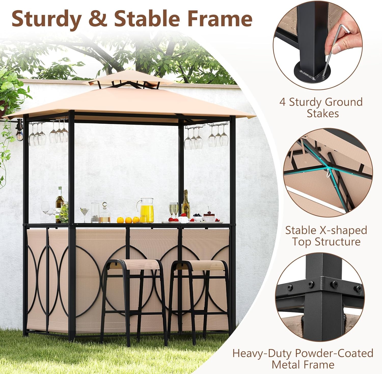 Tangkula 3-Piece Patio Bar Set, Grill Gazebo & 2 Bar Stools with Tempered Glass Bar Table, Metal Storage Shelves, Glass Holders, Double-Tier Soft Top Canopy BBQ Gazebo Shelter for Patio Garden (Brown)
