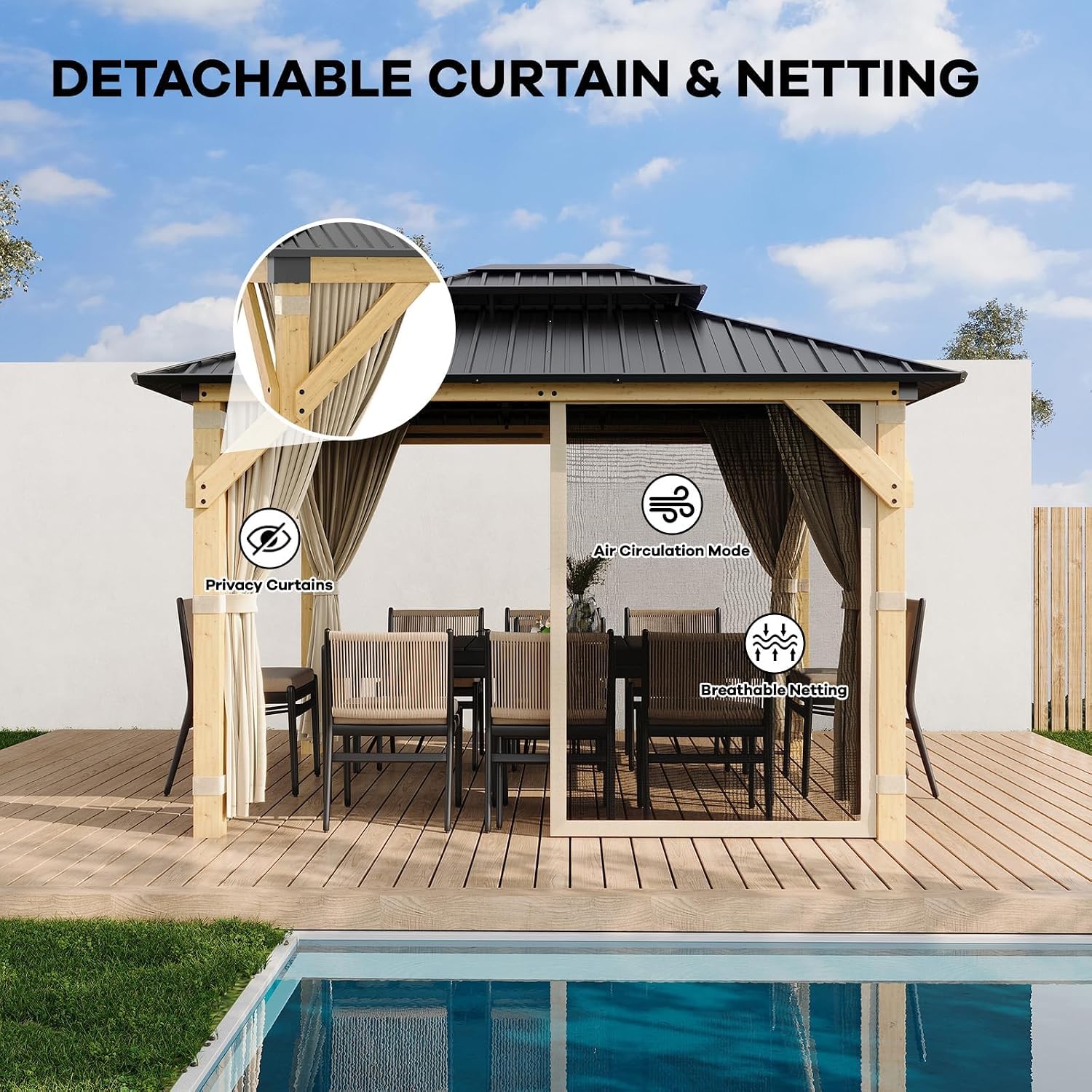 10 x 12 Ft Wood Gazebo, Upgrade Wooden Frame, Double Galvanized Steel Roof, Hardtop Gazebo with Nettings and Curtains for Backyard, Patio, Garden and Lawn, Khaki