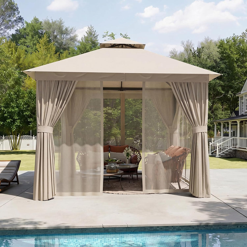 Aoxun Outdoor Gazebo for Patio 10x10 Metal Frame Canopy with Double Roofs Heavy Duty Party Tent and Shelter with Mosquito Netting and Privacy Screen for Backyard, Lawn, Garden, Deck (Khaki)