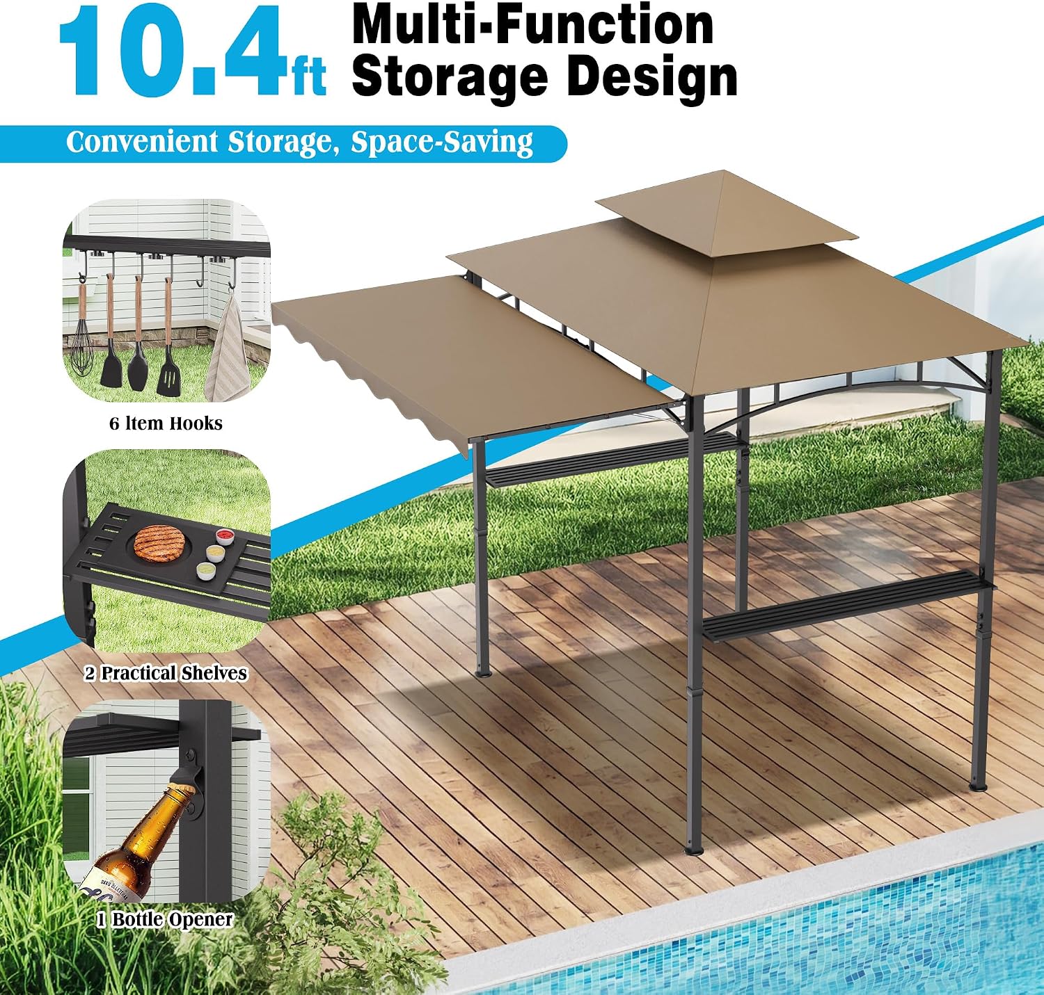 TITIMO 8'x 8' x 7.8' Double Tiered Grill Gazebo with Side Awning,Outdoor Patio BBQ Pergola, Heavy-Duty Metal Frame Canopy Tent with Side Shelves,Hooks,Bottle Opener for Lawn Deck and Garden (Khaki)