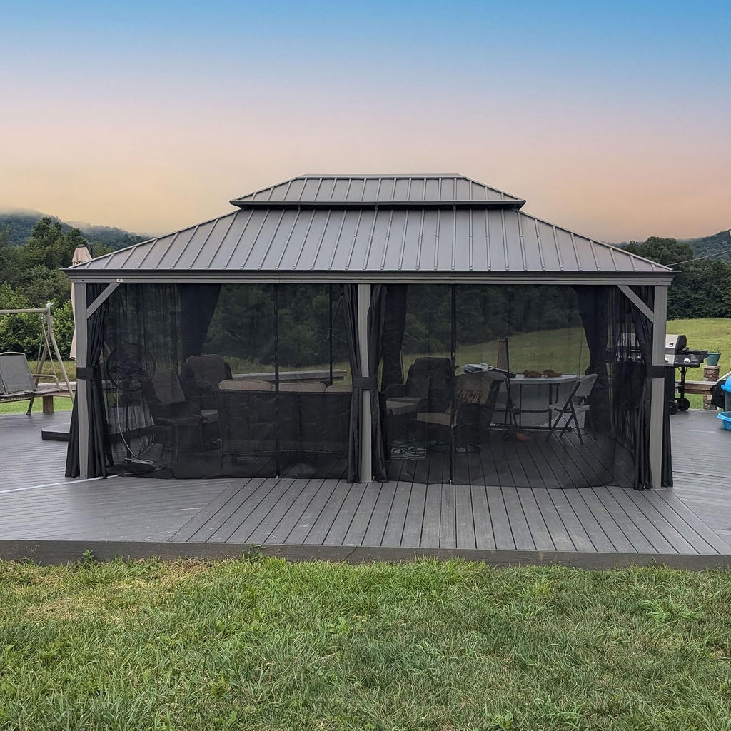 PURPLE LEAF 14' x 20' Outdoor Hardtop Gazebo with Netting and Curtains Galvanized Steel Double Roof and Aluminum Frames Permanent Wind Resistance Pavilion Gazebo for Patio Deck Garden, Light Grey