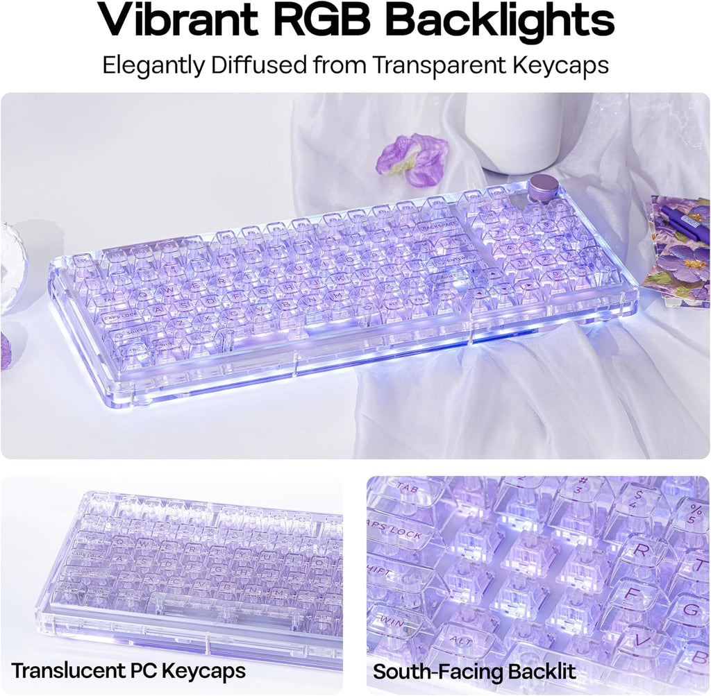 KiiBoom Phantom 98 Crystal Mechanical Gaming Keyboard, Transparent Keyboard with RGB Backlits, Hot-Swappable, Shine Through Clear Keycaps, 3 Modes Wireless, 8000mAh Battery, NKRO for Win/Mac (Purple)