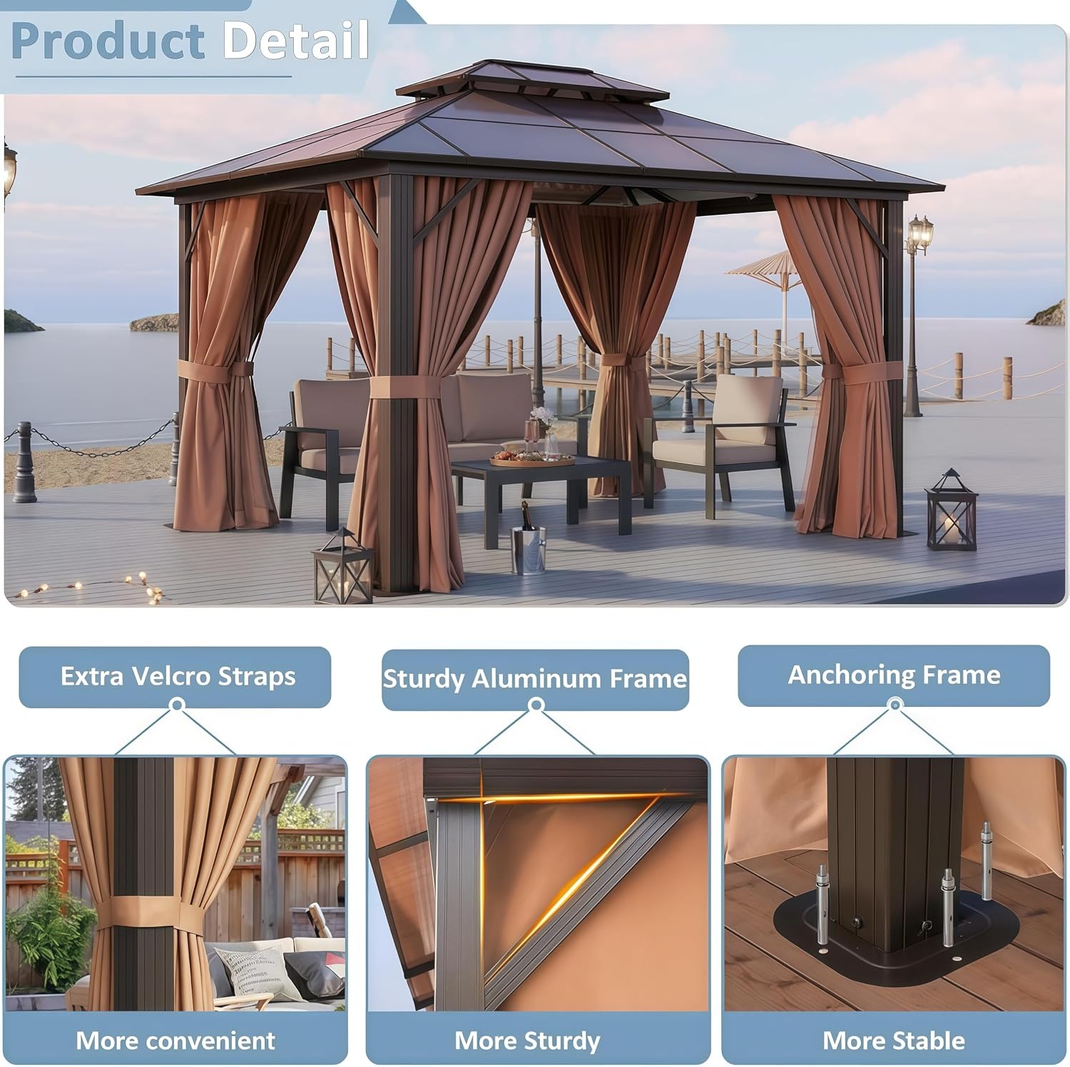Aoxun 10' x 12' Outdoor Hardtop Gazebo Premium Polycarbonate Double - Roof Structure with Aluminum Frame, Complete with Privacy Curtains & Mosquito Netting for Backyard, Patio, Deck Parties (Brown)