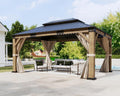 AMERLIFE 12' x 16' Heavy Duty Hardtop Gazebo with Double Metal Roof, Wood Gazebo with Privacy Curtains & Mosquito Netting, Outdoor Pavilion for Backyard, Garden & Patio, Brown
