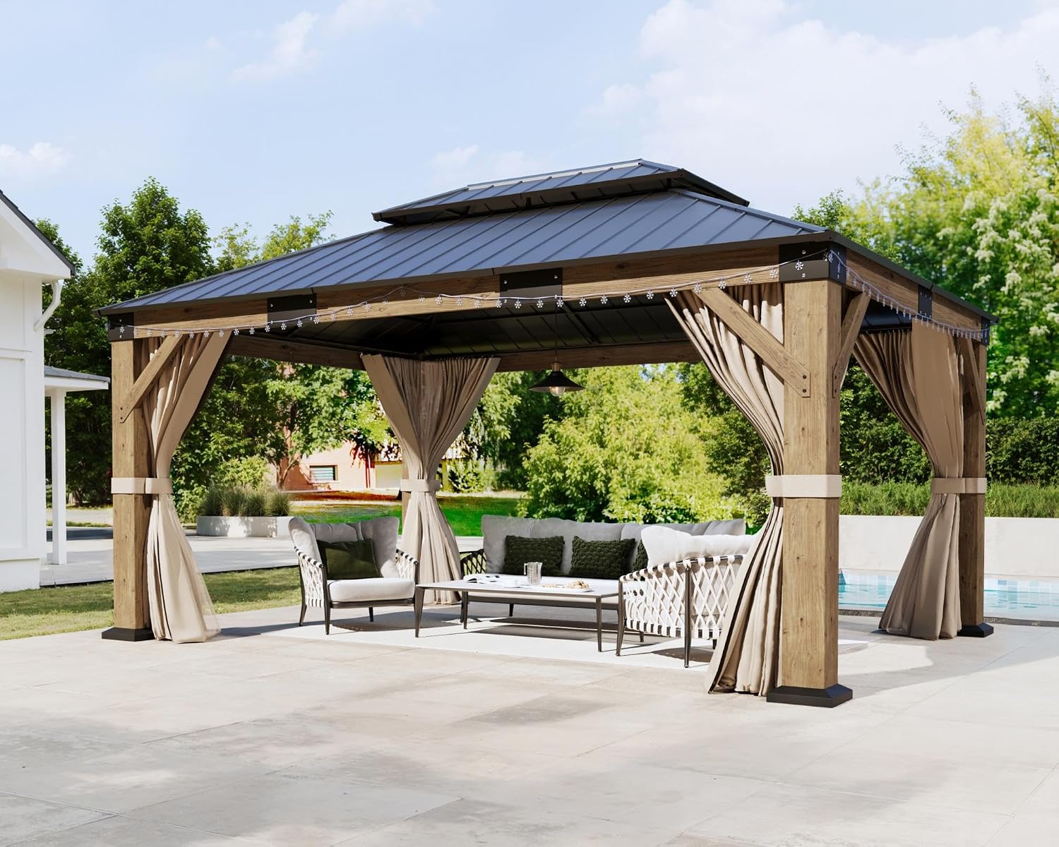 AMERLIFE 12' x 14' Heavy Duty Hardtop Gazebo with Double Metal Roof, Wood Gazebo with Privacy Curtains & Mosquito Netting, Outdoor Pavilion for Backyard, Garden & Patio, Brown