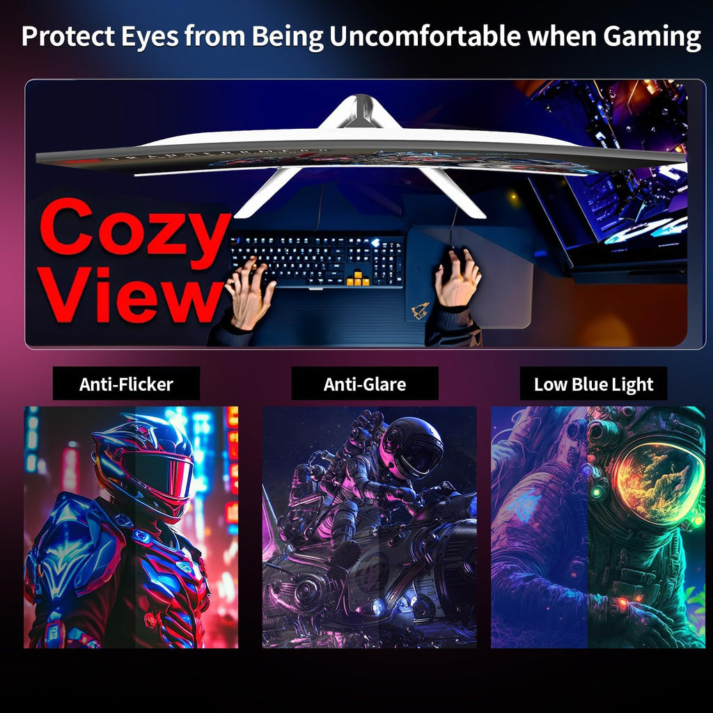 ZZA 27' Curved Gaming Monitor 300HZ Computer Monitor, FHD 1080p 1ms 1800R VA Screen, 99% sRGB, Support AMD FreeSync, Blue Light Filter, HDMI*2 & DP*2, VESA Mounting Compliant- White