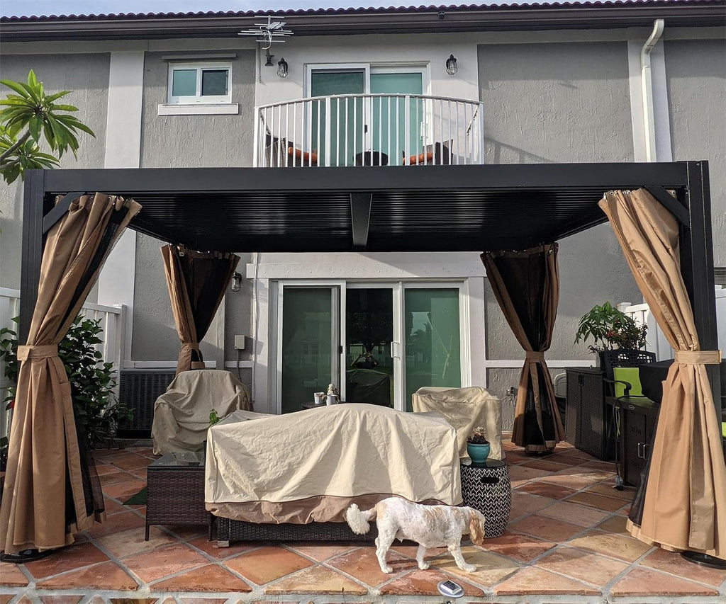 Domi Louvered Pergola 10' × 13', Outdoor Aluminium Pergola with Adjustable Roof, Curtains and Netting, Hardtop Gazebo for Patio, Deck, Garden, Yard, Beach