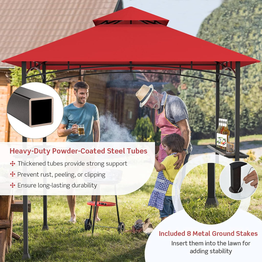 Tangkula 8x5 Ft Grill Gazebo, Double Tiered Outdoor Barbecue Grill with 2 Side Shelves, 5 Hooks, Bottle Opener for Patio, Garden, Beach, Backyard (Wine)