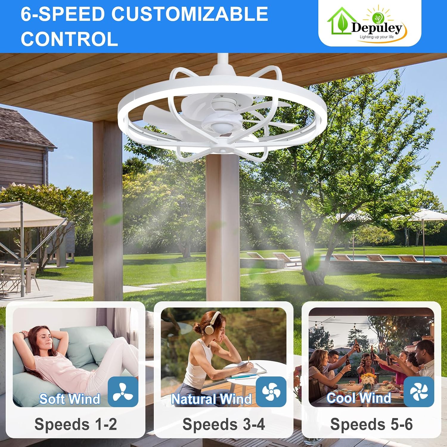 Depuley 20' Outdoor Ceiling Fan with Lights, White Waterproof Gazebo Hanging Fan with Remote App Control, Dimmable Plug in Caged outdoor Ceiling Fans for patios Porch 6-Speeds