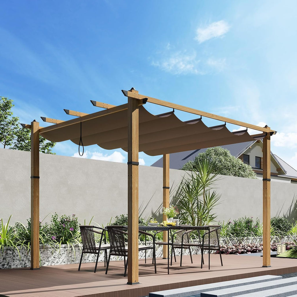 10' X 10' Retractable Pergola Canopy with Natural Wood Like Frame for Backyards, Gardens, Patios, Outdoor Pergola with Sun Shade Canopy,Khaki