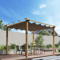 10' X 10' Retractable Pergola Canopy with Natural Wood Like Frame for Backyards, Gardens, Patios, Outdoor Pergola with Sun Shade Canopy,Khaki