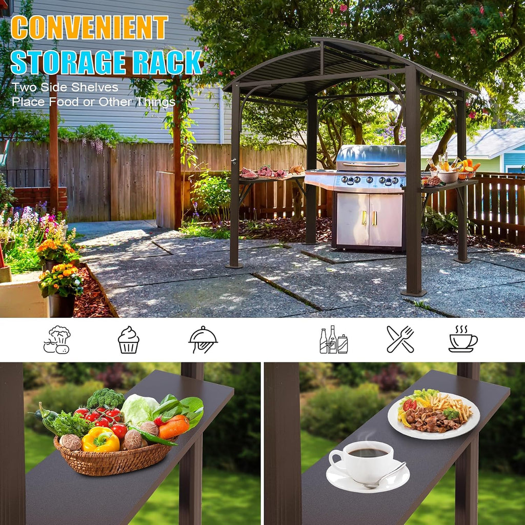 Hardtop Grill Gazebo 8x5FT, Outdoor BBQ Gazebo with Galvanized Steel Double Roof, Permanent Sun Shade Grill Canopy Shelter with 2 Side Shelves and Ceiling Hook for Patio Yard Garden (Brown)