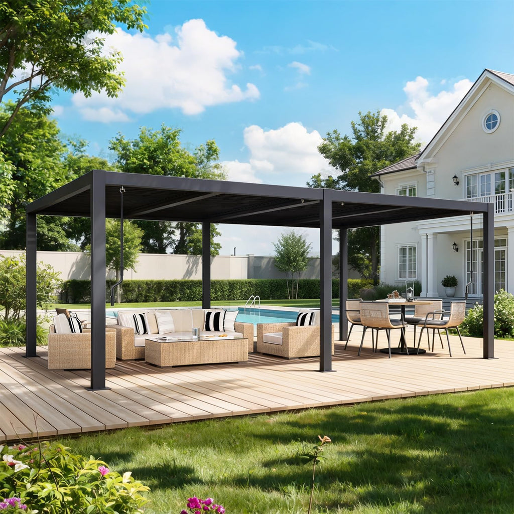 MELLCOM Pergola Louvered 12x20, Metal Hardtop Pergola with Adjustable Roof for Sun & Rain Shade, Outdoor Gazebo with Integrated Drainage System, Modern Rustproof Patio Canopy Carport