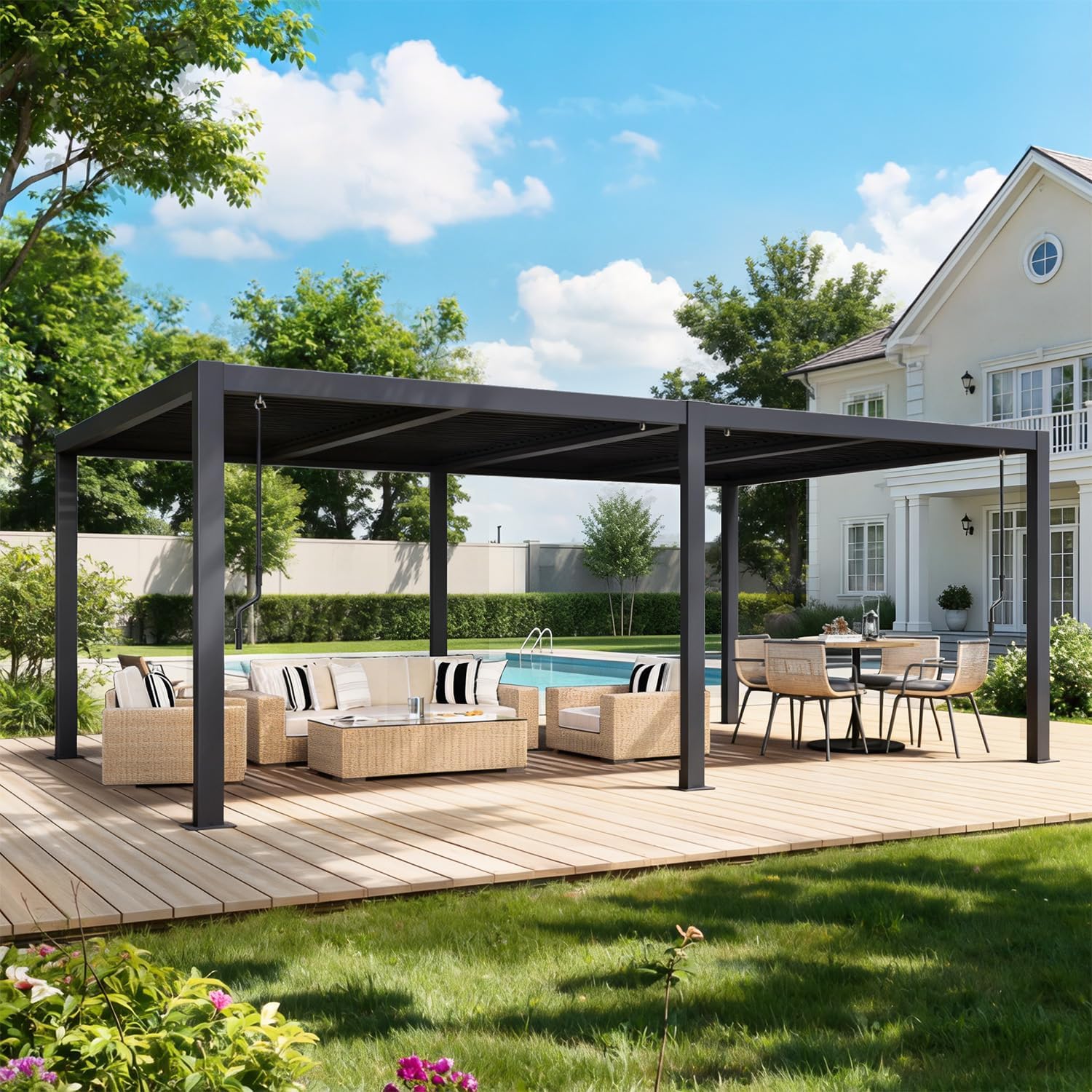 MELLCOM Pergola Louvered 12x20, Metal Hardtop Pergola with Adjustable Roof for Sun & Rain Shade, Outdoor Gazebo with Integrated Drainage System, Modern Rustproof Patio Canopy Carport