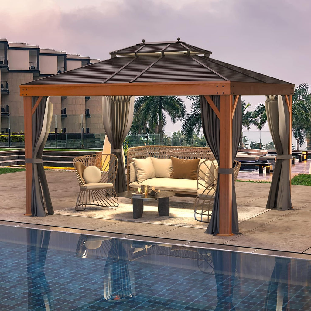 YOLENY 10' x 13' Hardtop Gazebo Faux Wood Grain with Aluminum Frame, Galvanized Steel Double Roof, Outdoor Patio Gazebo with Netting and Curtains for Backyard, Patio, Lawns