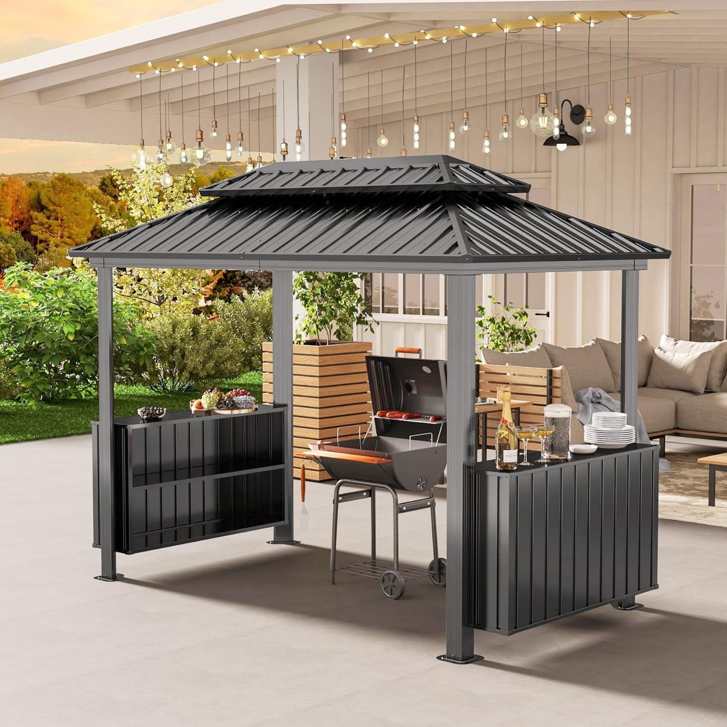 Domi 6x10FT Hardtop Grill Gazebo, BBQ Gazebo with Double Galvanized Steel Roof, 2 Storage Cabinets and Ceiling Hooks, Outdoor Grill Shelter for Backyard, Lawn and Garden(Gray)