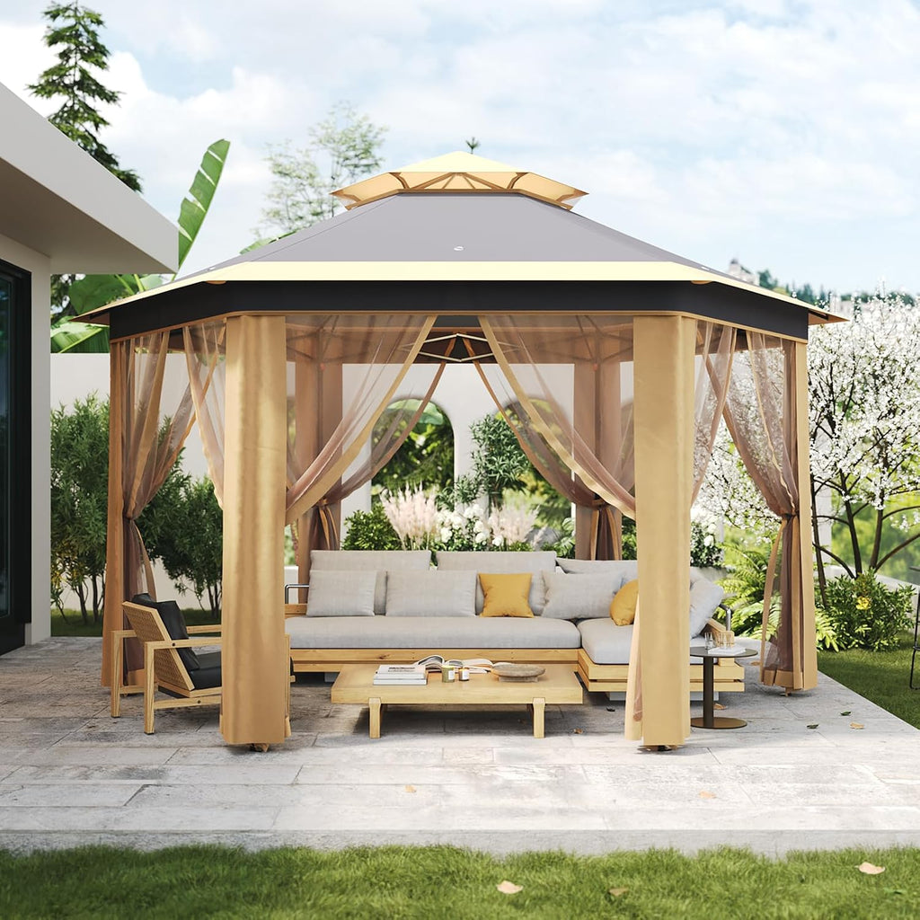 Pop-Up Gazebo 13 * 13 ft 6 Sided, Canopy Tent with Mesh Windows & Portable Carry Bag, Adjustable Tent Outdoor Pergola for Backyard & Patio Furniture (Khaki)