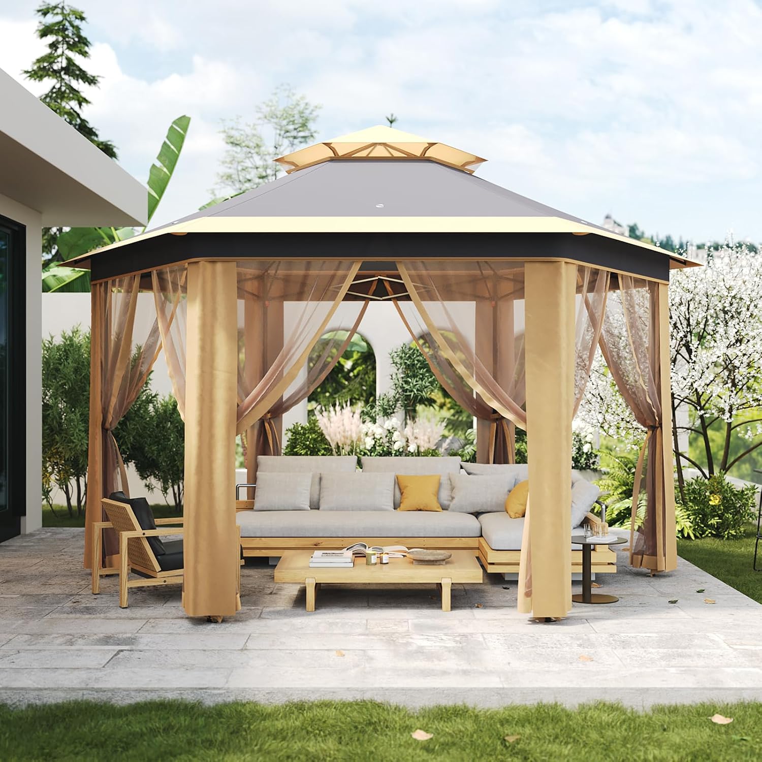 Pop-Up Gazebo 13 * 13 ft 6 Sided, Canopy Tent with Mesh Windows & Portable Carry Bag, Adjustable Tent Outdoor Pergola for Backyard & Patio Furniture (Khaki)