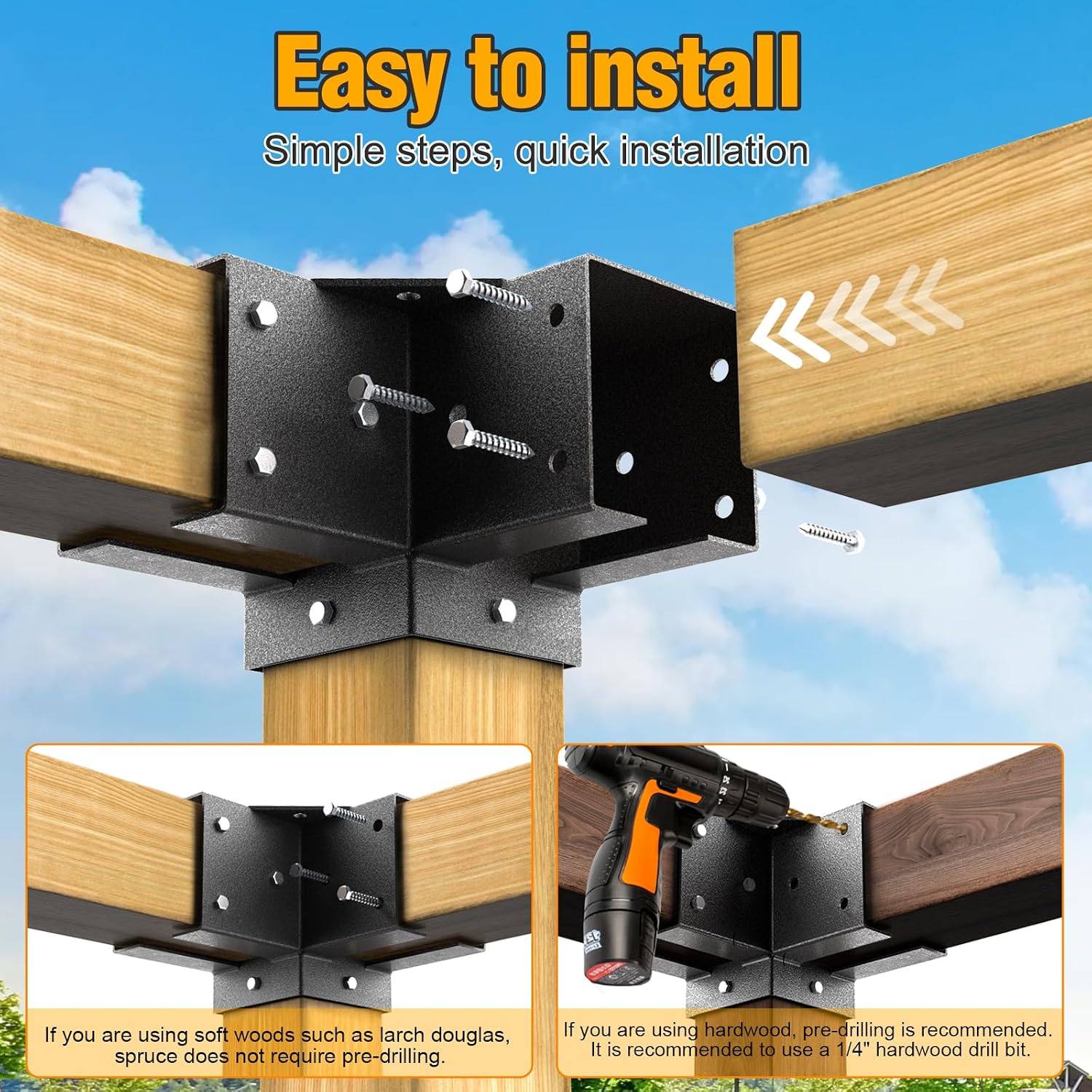 Eapele Pergola Kits with 3-Way/4-Way Corner Brackets and DIY Post Base for 4'x 4' Lumber(Inner 3.65x3.65), Powder Coated Steel Made for Gazebos, Patio Pergolas, Log Cabin Outdoor Pergola Hardware