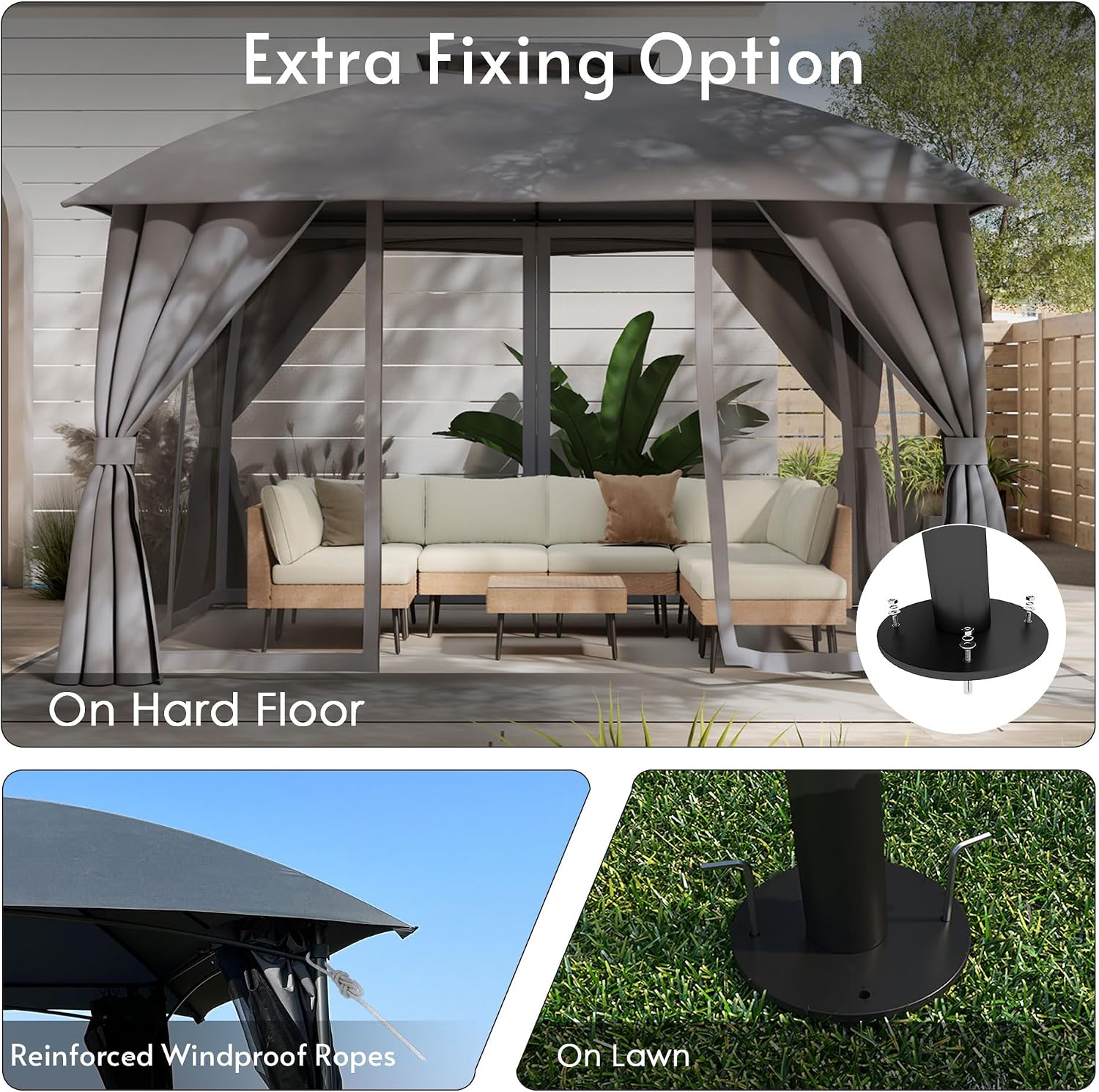 Gazebo 10x12(Canopy Size) with Mosquito Netting & Privacy Screens. Double Roof Design Outdoor Gazebo with Trapezoidal Support System for Patio, Deck, Backyard, Garden & Lawns
