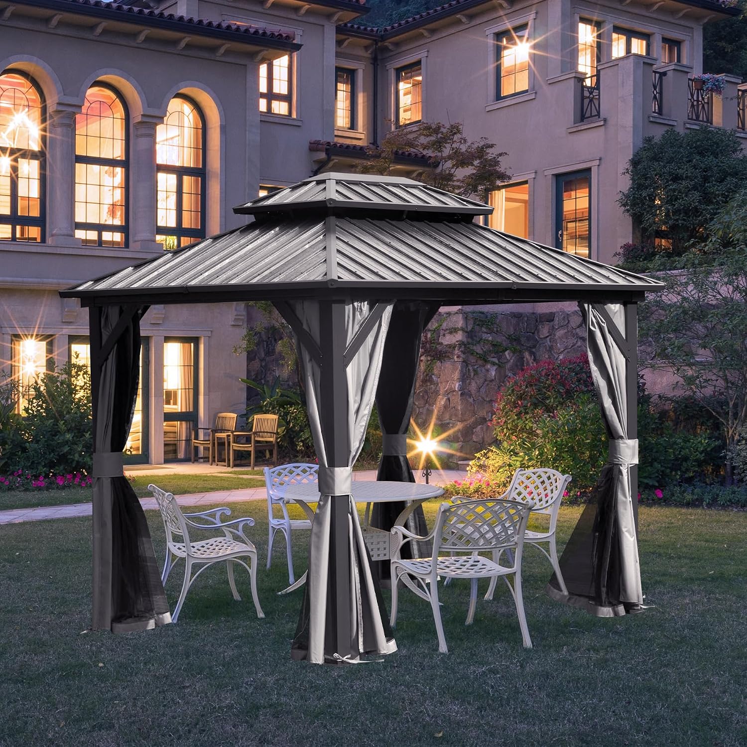 Hardtop Gazebo 8x10 FT, Metal Outdoor Gazebos with Galvanized Steel Double Roof, Curtains and Nettings, Permanent Gazebo Pavilion for Patio Wedding, Party, Outdoor Dining -Grey