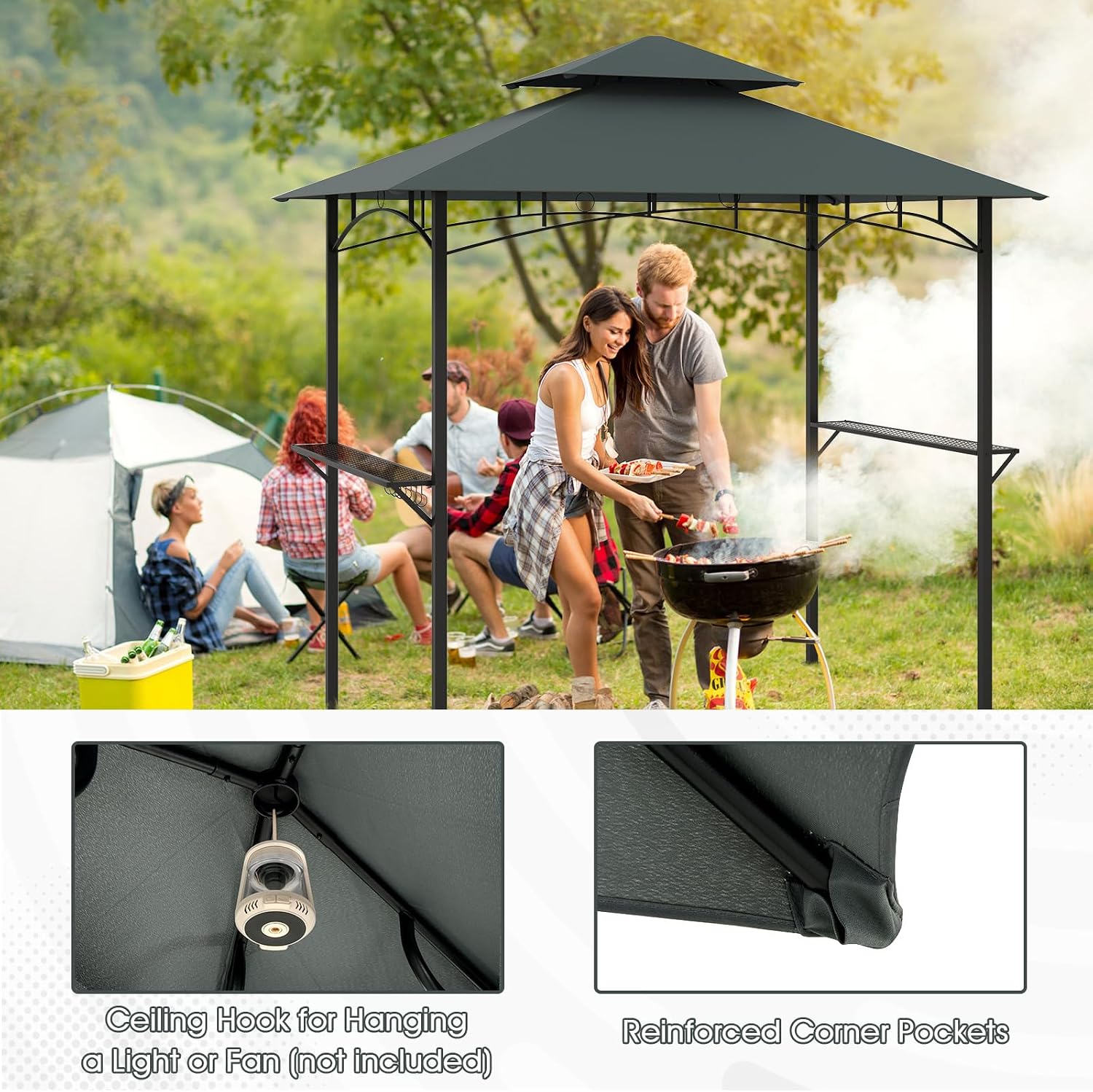 Tangkula 8x5 Ft Grill Gazebo, 2-Tier Barbecue Gazebo with 2 Shelves, 7 Hooks, Metal Frame, Outdoor Grill Canopy for Backyard Garden Poolside (Grey)