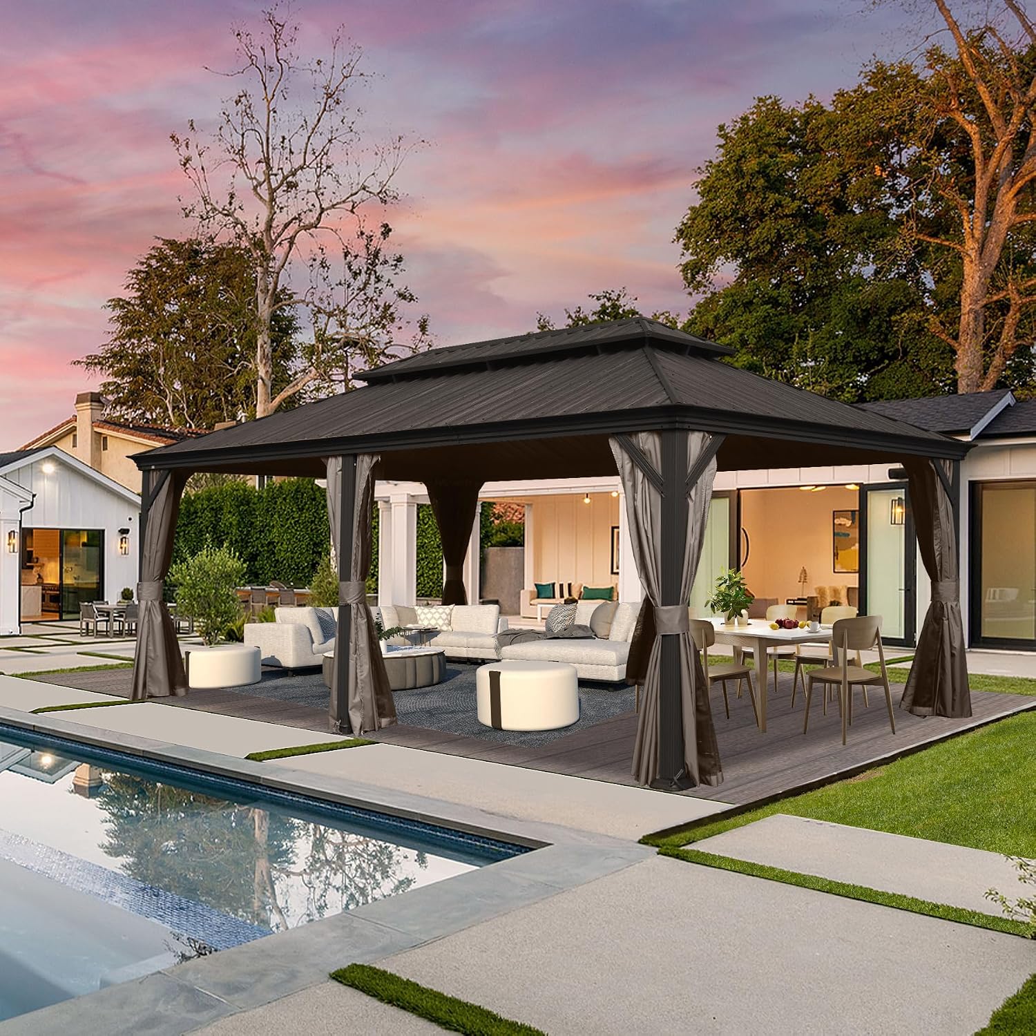 12' x 20' Outdoor Hardtop Gazebo with Gutters, Double Roof Galvanized Metal Gazebo for Backyard, Patio, Deck, Hot Tub, Heavy Duty Permanent Gazebos with Curtains and Netting -Brown