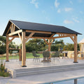 LUXOAK 13x15 FT Wood Gazebo, Hardtop Pergola with Steel Gable Roof, Outdoor Gazebo with Guest House for Garden, Porch, Patio, Black + Natural Wood