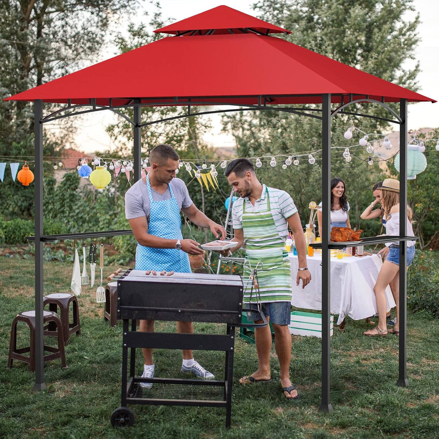 Tangkula 8x5 Ft Grill Gazebo, Double Tiered Outdoor Barbecue Grill with 2 Side Shelves, 5 Hooks, Bottle Opener for Patio, Garden, Beach, Backyard (Wine)