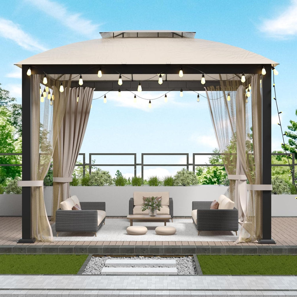 Sannwsg Outdoor Patio Gazebo 10x10 FT, Soft Top Gazebo Canopy with Double Roof, Square Metal Frame, Mosquito Netting & Privacy Curtains, for Backyard & Deck, Beige Netting