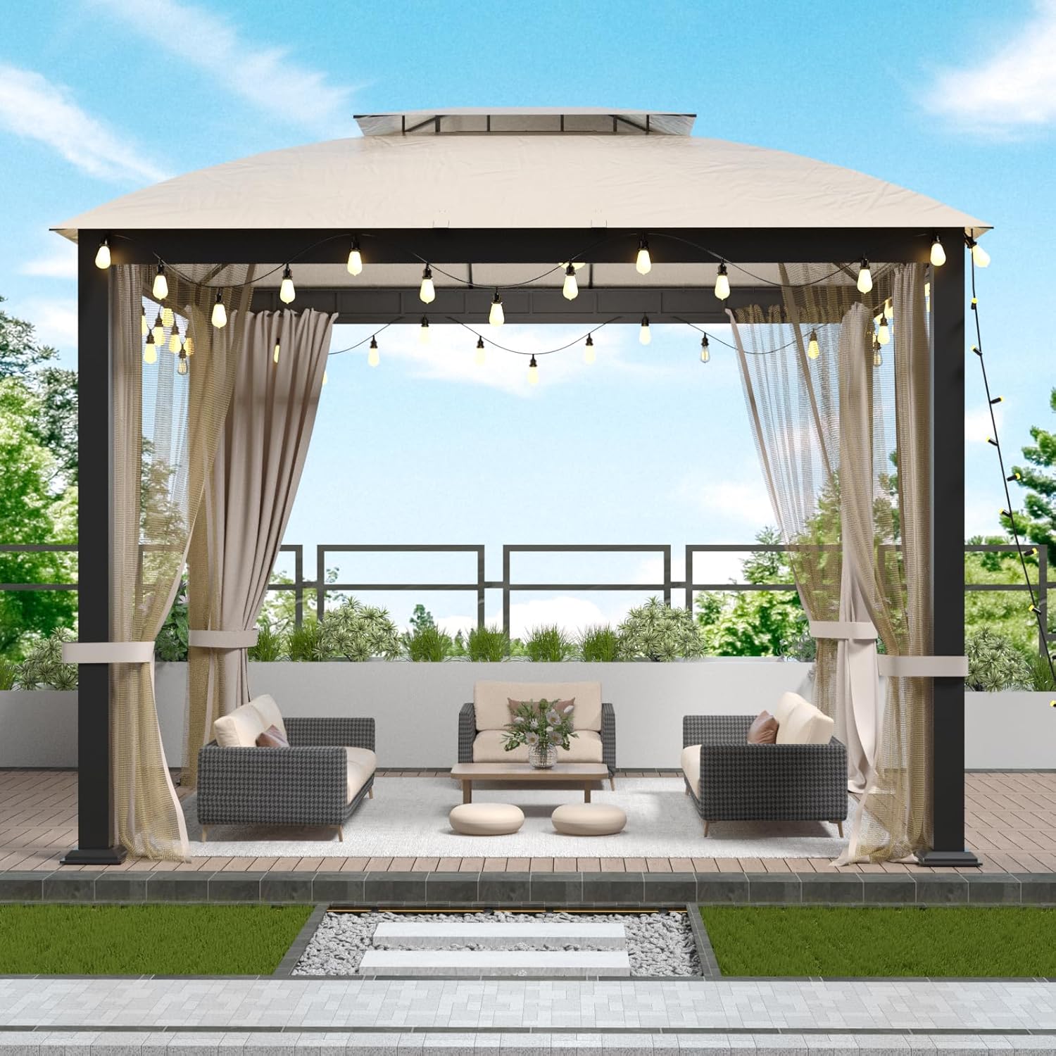 Sannwsg Outdoor Patio Gazebo 10x10 FT, Soft Top Gazebo Canopy with Double Roof, Square Metal Frame, Mosquito Netting & Privacy Curtains, for Backyard & Deck, Beige Netting