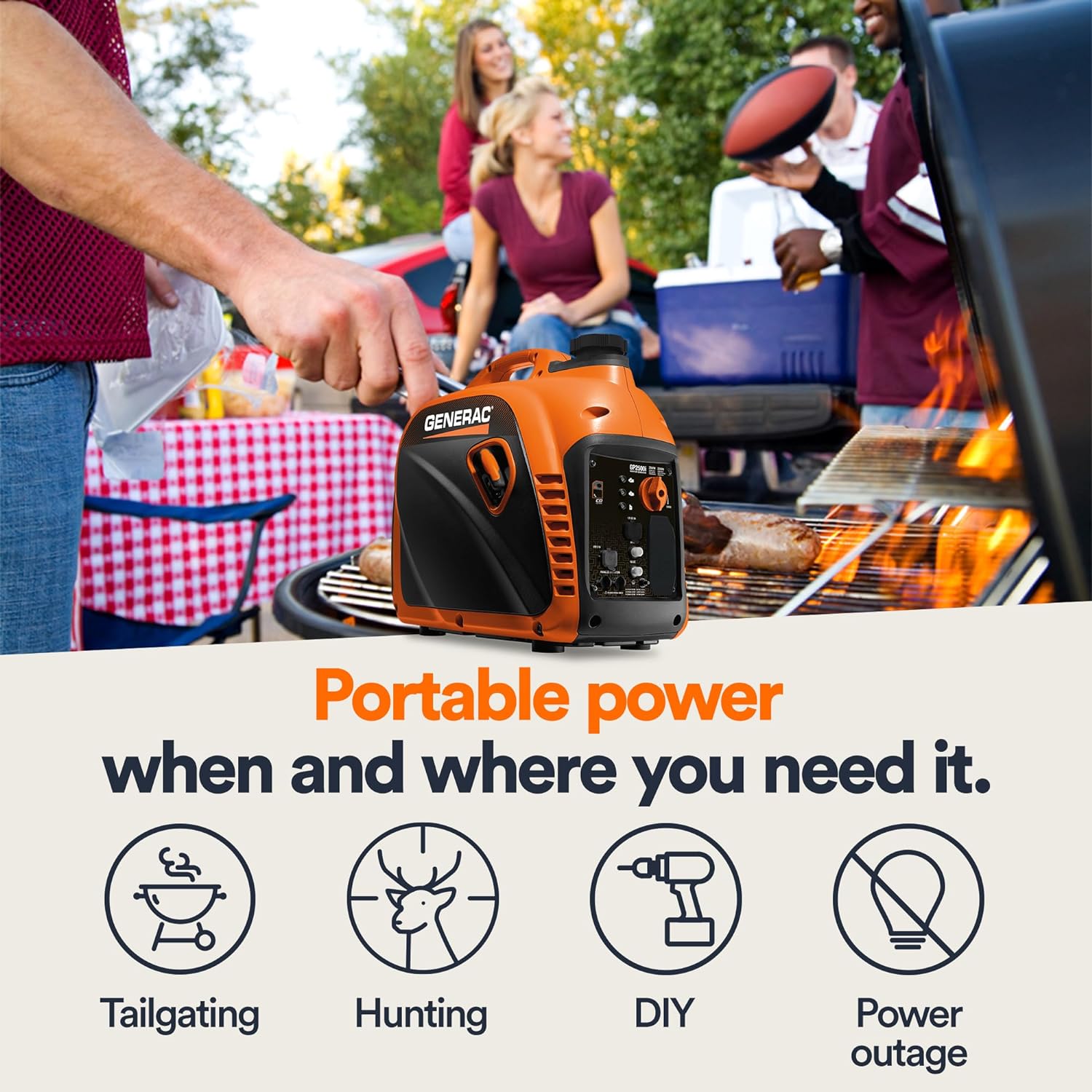 Generac 8251 GP2500i 2,500-Watt Gas Powered Portable Inverter Generator - Compact and Lightweight Design - Produces Clean, Stable Power - COsense Technology - CARB Compliant - Orange/Black