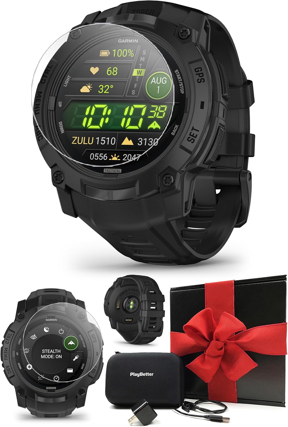 PlayBetter Garmin Instinct 3 AMOLED Tactical 50mm (Black) Rugged Outdoor GPS Smartwatch Gift Box Bundle - Built-in Flashlight HD Screen Protectors, Wall Adapter & Case