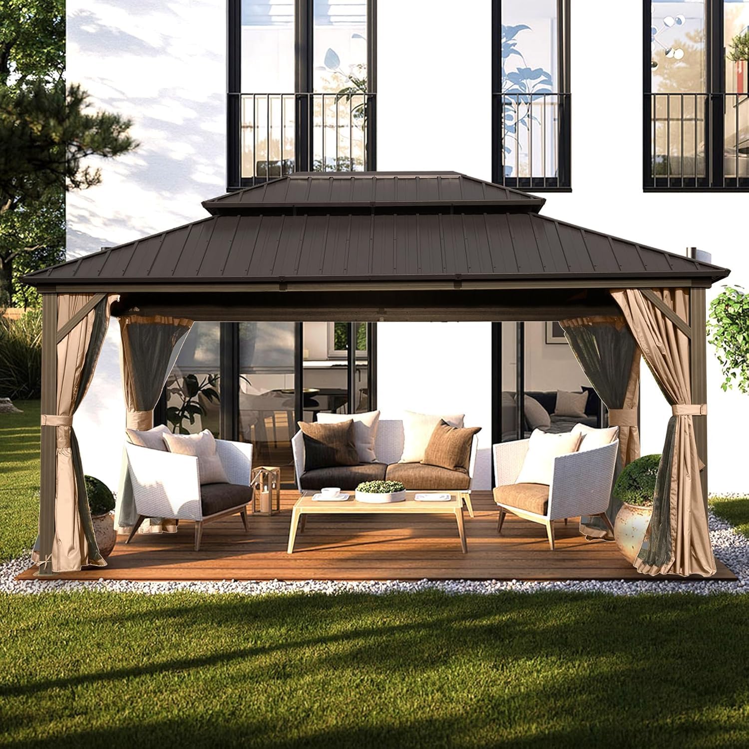 Domi 10' x 14' Hardtop Gazebo, Outdoor Metal Gazebo for Patios with Galvanized Steel Double Roof, Heavy Duty Curtains and Netting Included, Permanent Pergola for Backyard, Garden Lawn, Brown