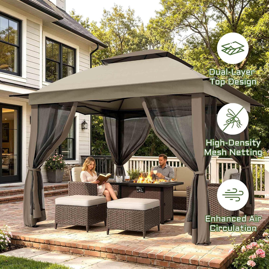 11'X11' Gazebo Pop Up with 4 Sidewalls Mosquito Netting, Heavy Duty Patio Gazebo Canopy Tent with Double Air Roofs for Backyards, Patios, Decks, Gardens, Parks